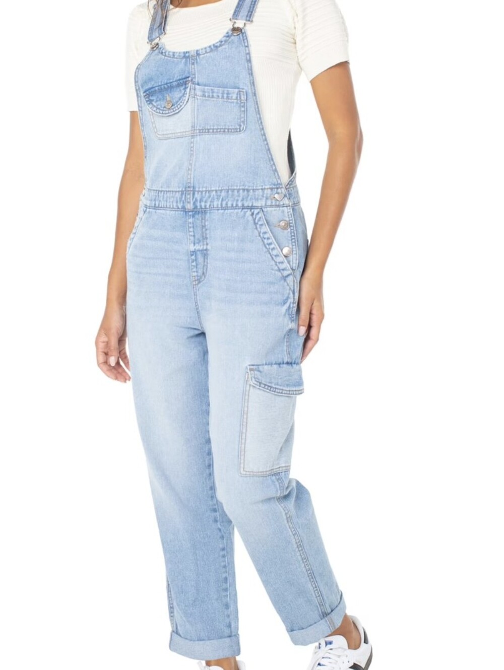 Celebrity Pink Light Wash Denim Overalls Scoop Neck, 7 Pockets Size L - Picture 2 of 10